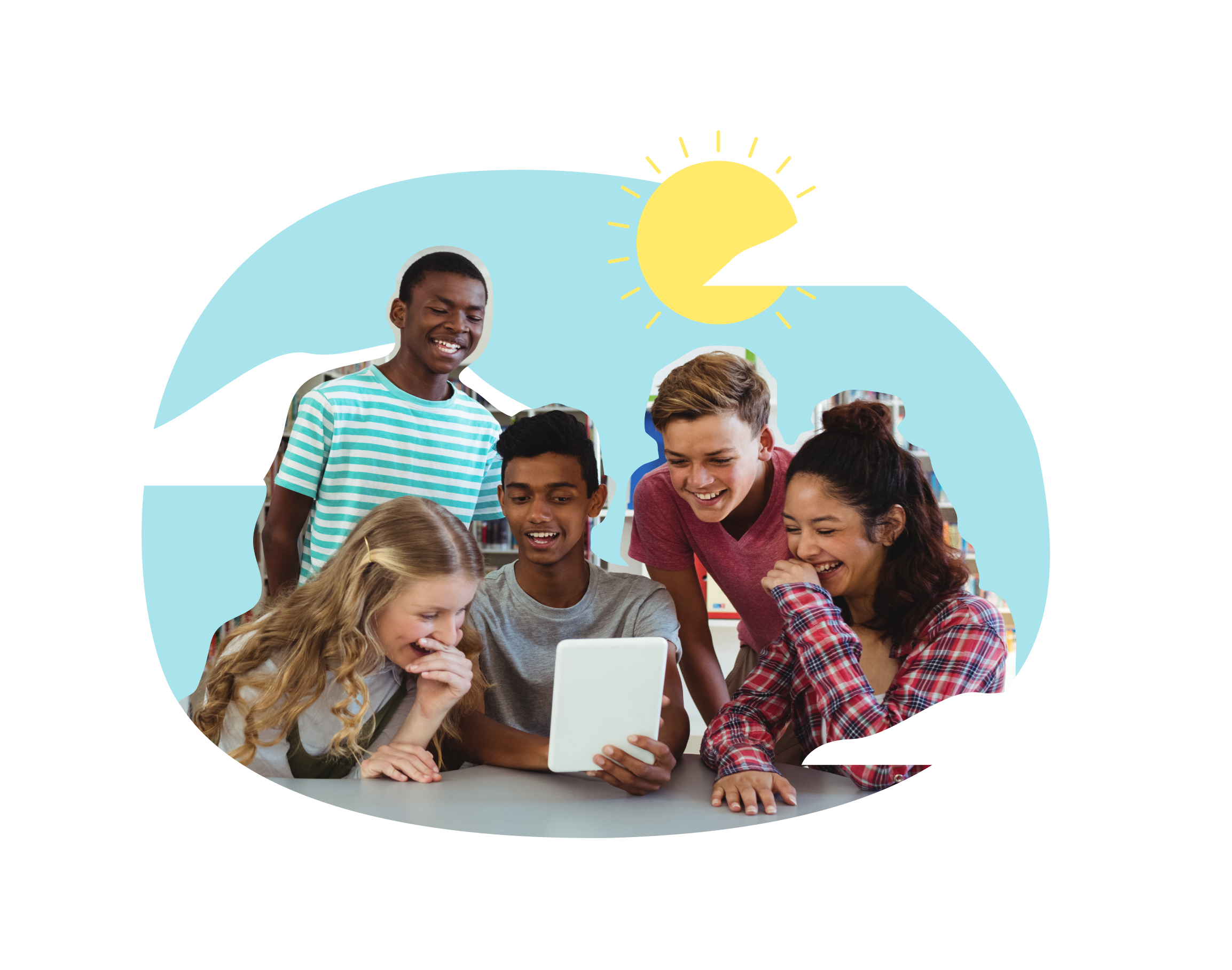 A group of children at a school looking at a tablet and smiling