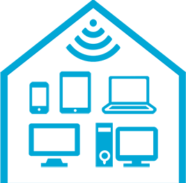 Graphic of a home with a tablet, phone, laptop, tv, and desktop connected to WiFi
