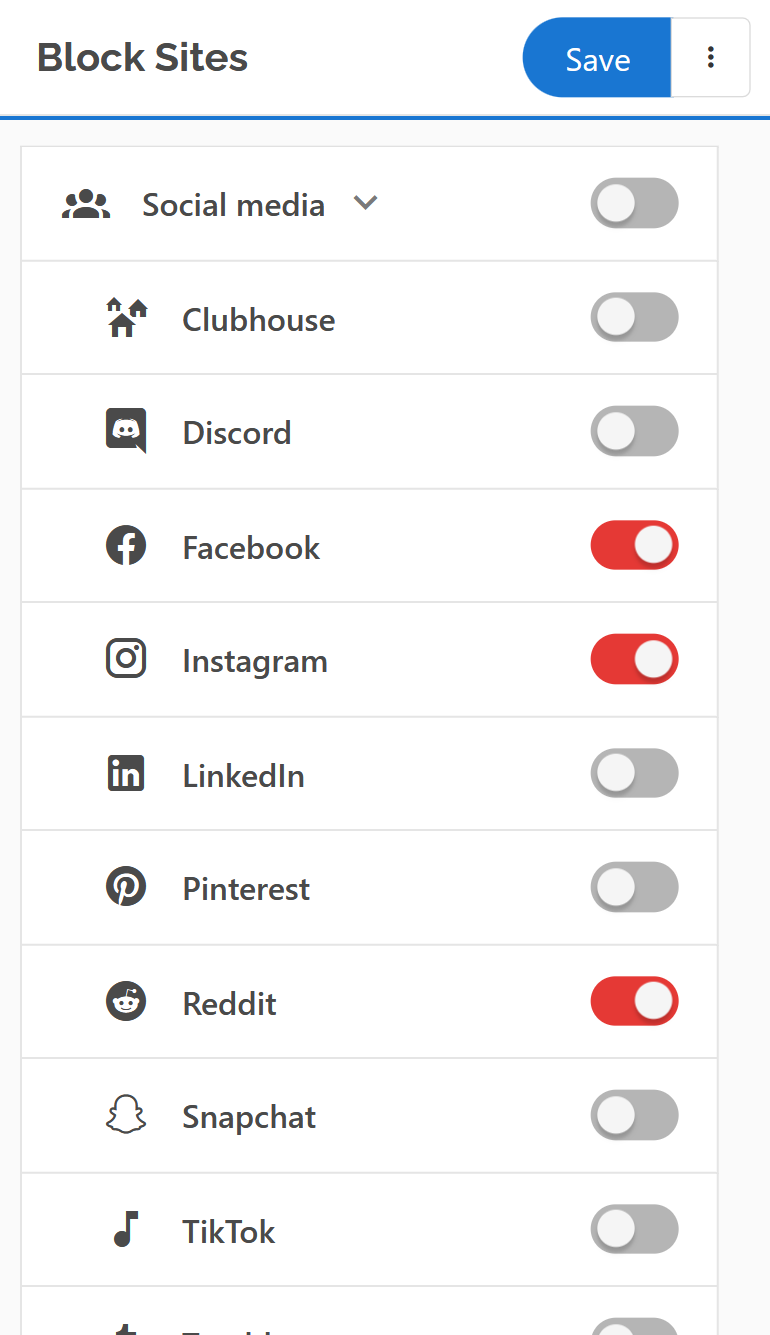 Screenshot of block sites user interface, showing ability to block Social media, Clubhouse, Discord, Facebook, Instagram, LinkedIn, Pinterest, Reddit, SnapChat, and TikTok.