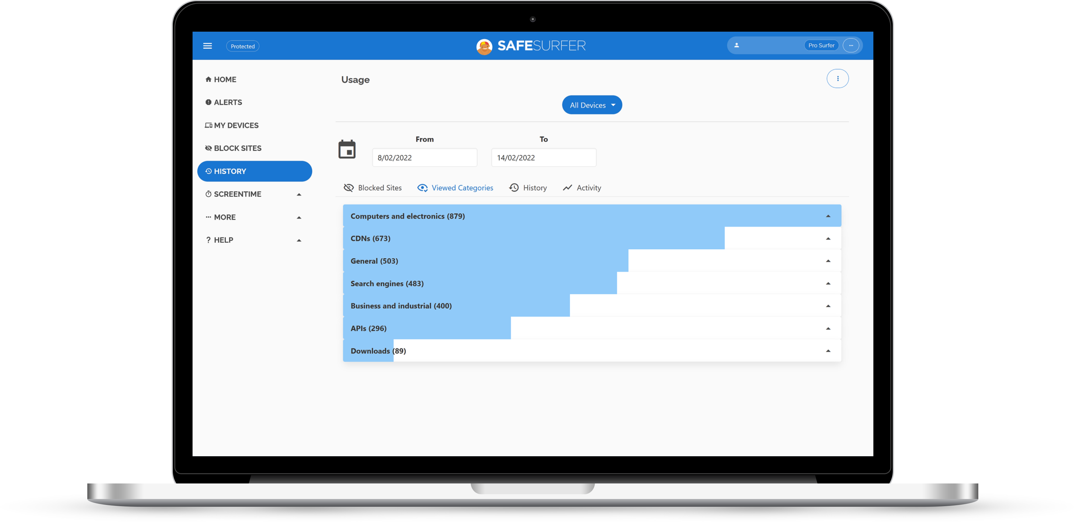 Laptop showing Safe Surfer dashboard internet history view