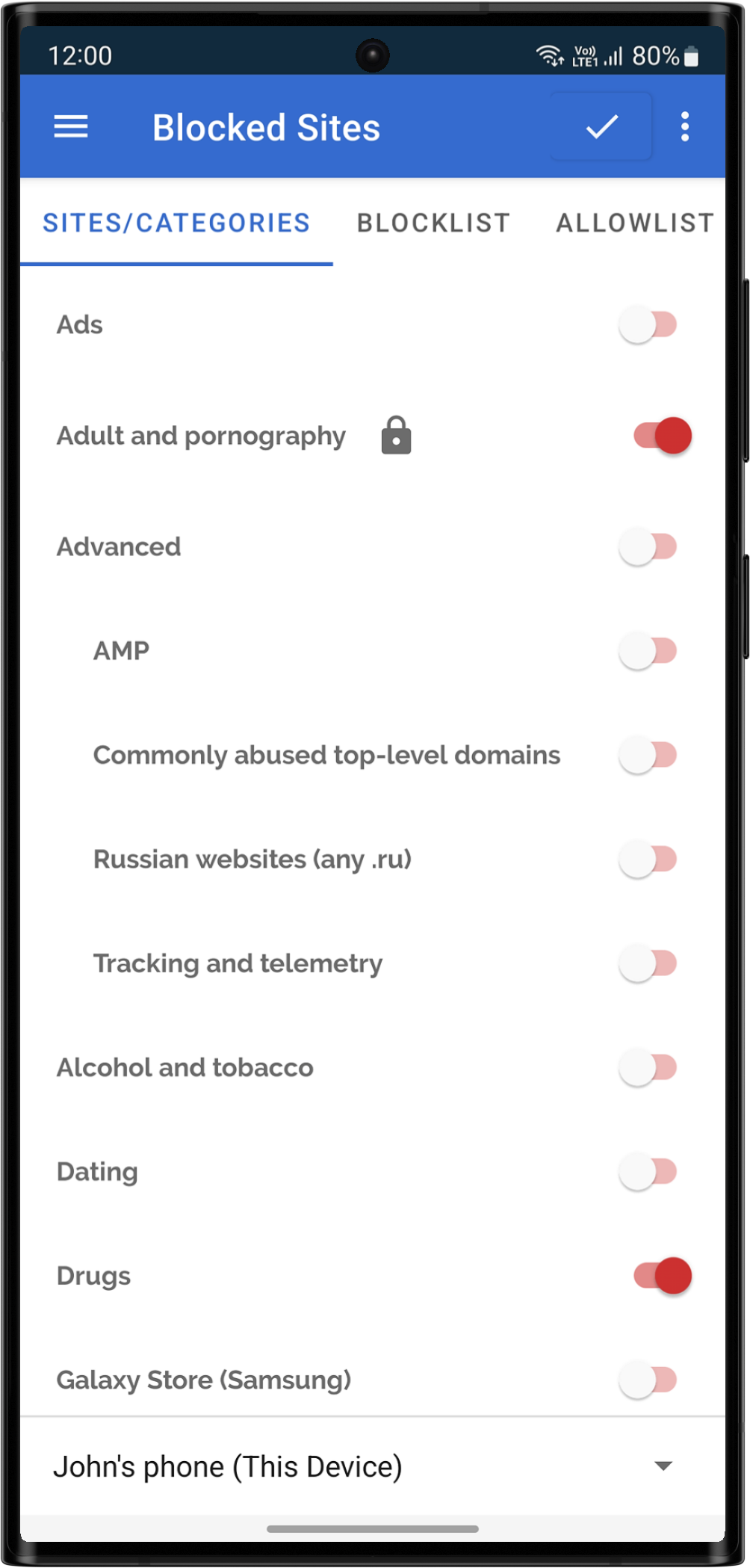Screenshot of an Android phone with the Safe Surfer app, showing the block sites menu