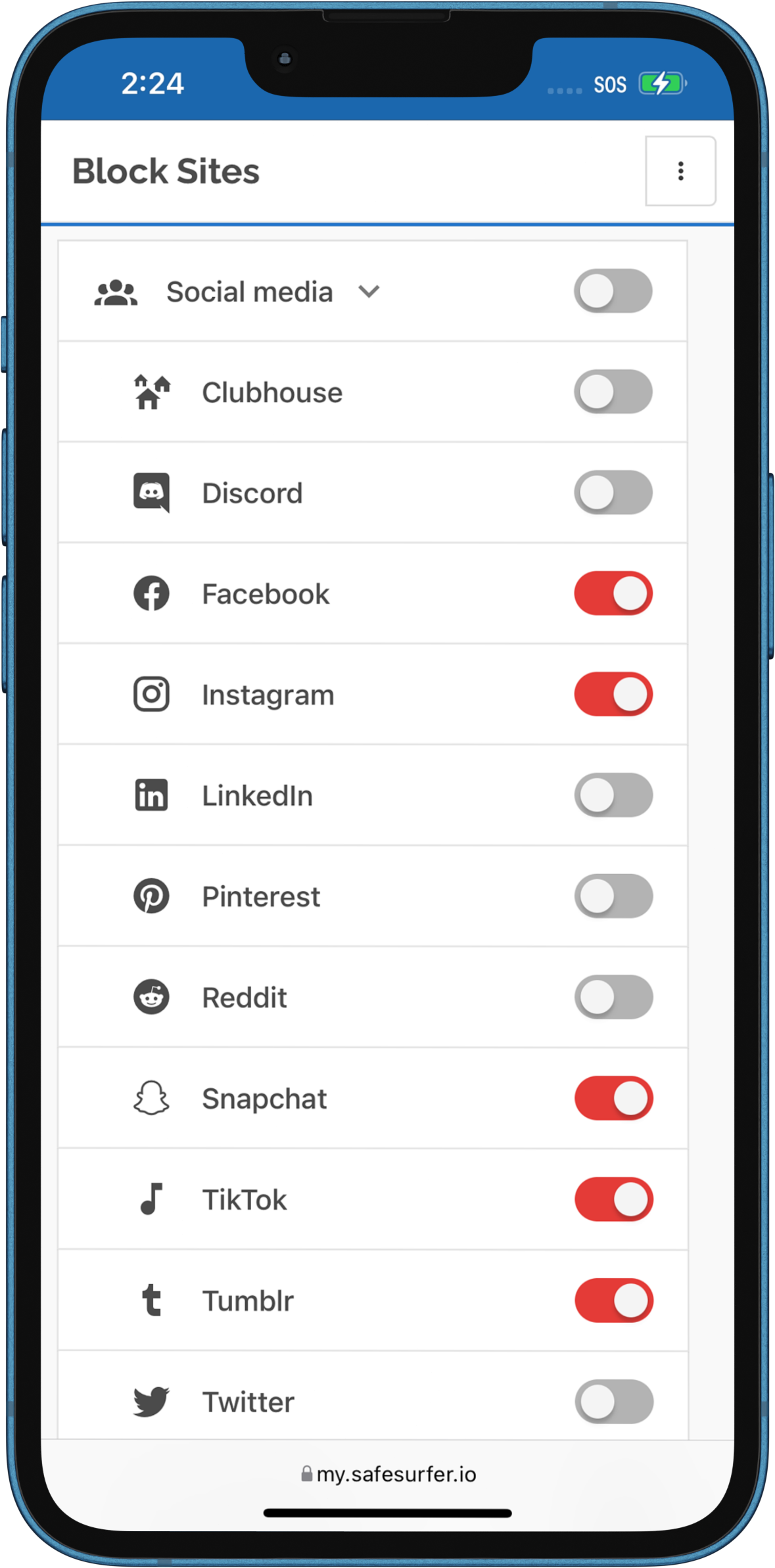 iPhone showing Safe Surfer block sites user interface, with toggles for Social Media, Clubhouse, Discord, Facebook, Instagram, LinkedIn, Pinterest, Reddit, Snapchat, TikTok, Tumblr, and Twitter