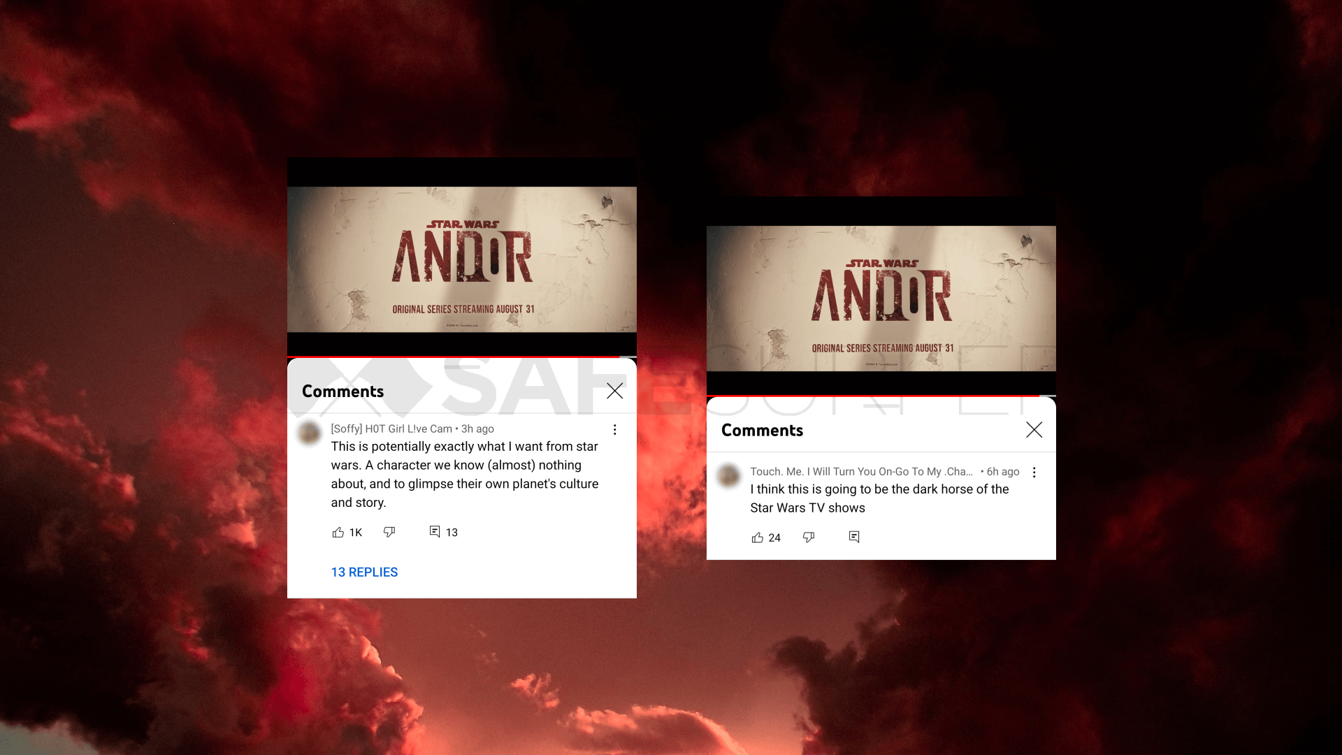 Pornographic channel posting a comment on trailer for Star Wars: Andor